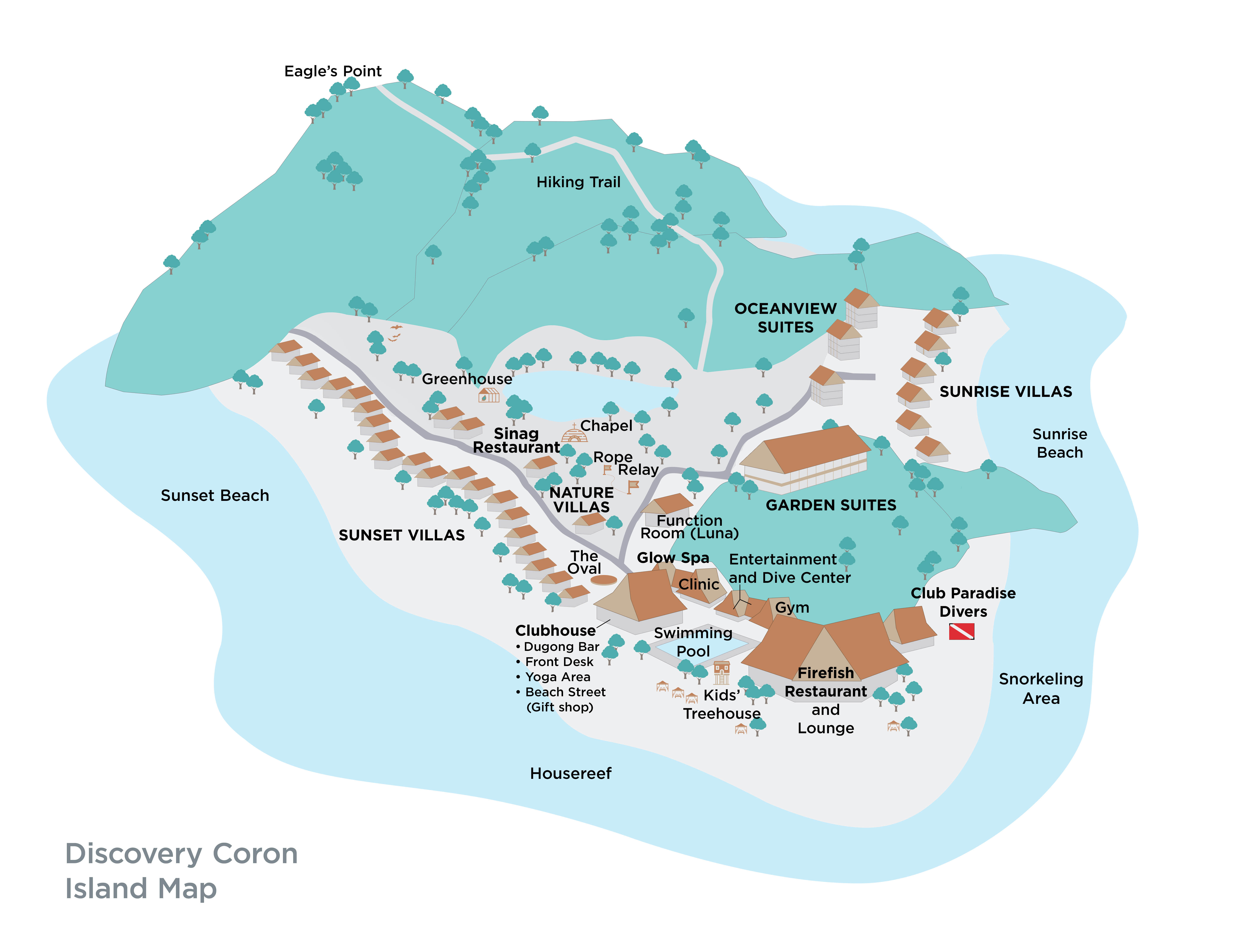 Resort layout map showing room locations and island features